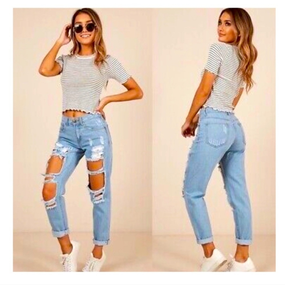 & Denim Boyfriend Low Waist Destructed Jeans - Picture 2 of 6